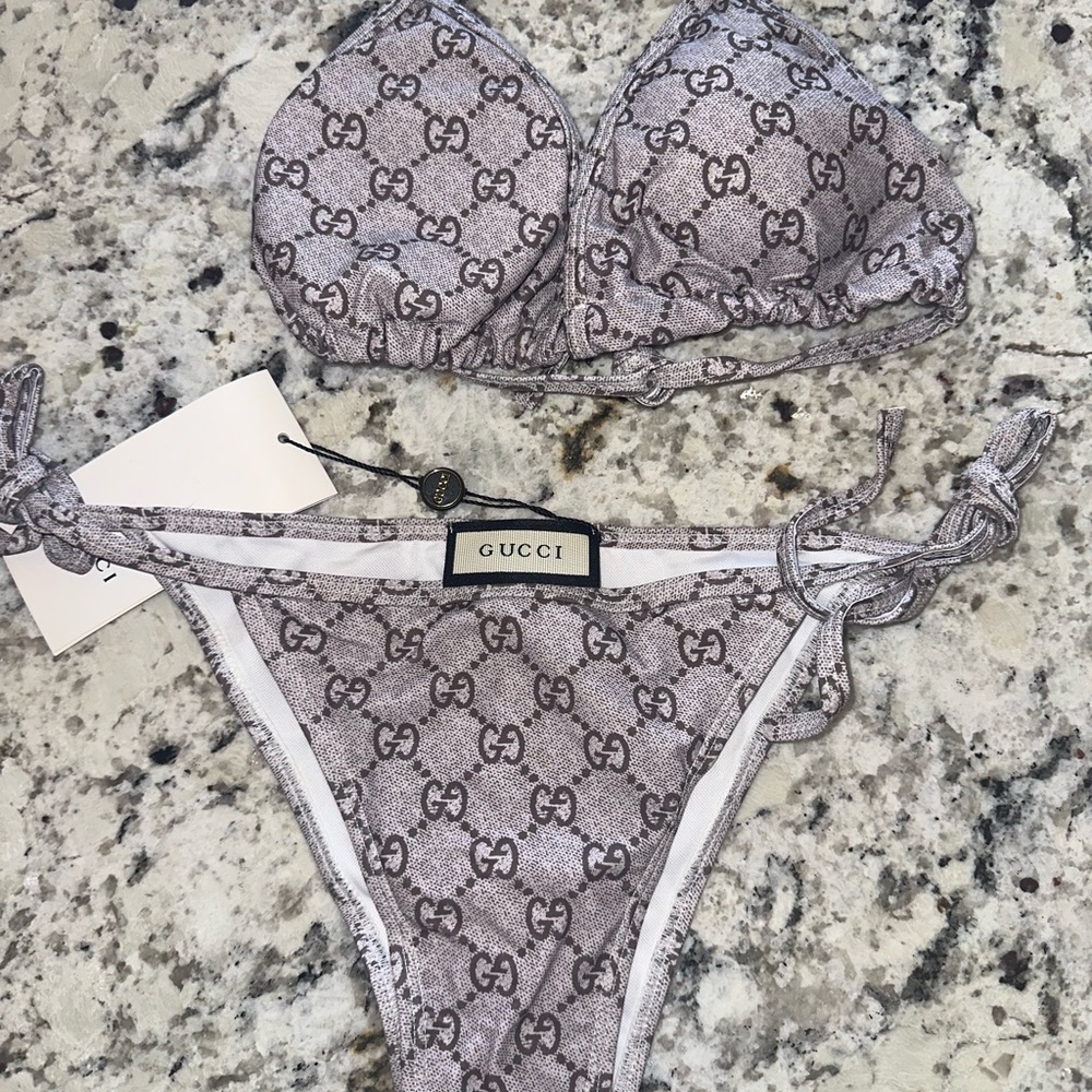 Gucci Taupe and Brown GG Monogram Triangle Bikini Set